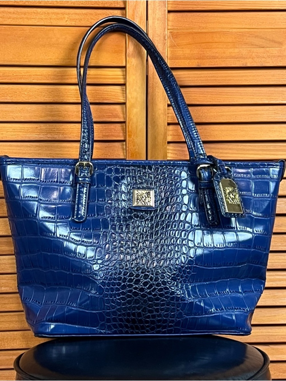 Anne Klein Navy Croc-Embossed Tote with Gold Hardware